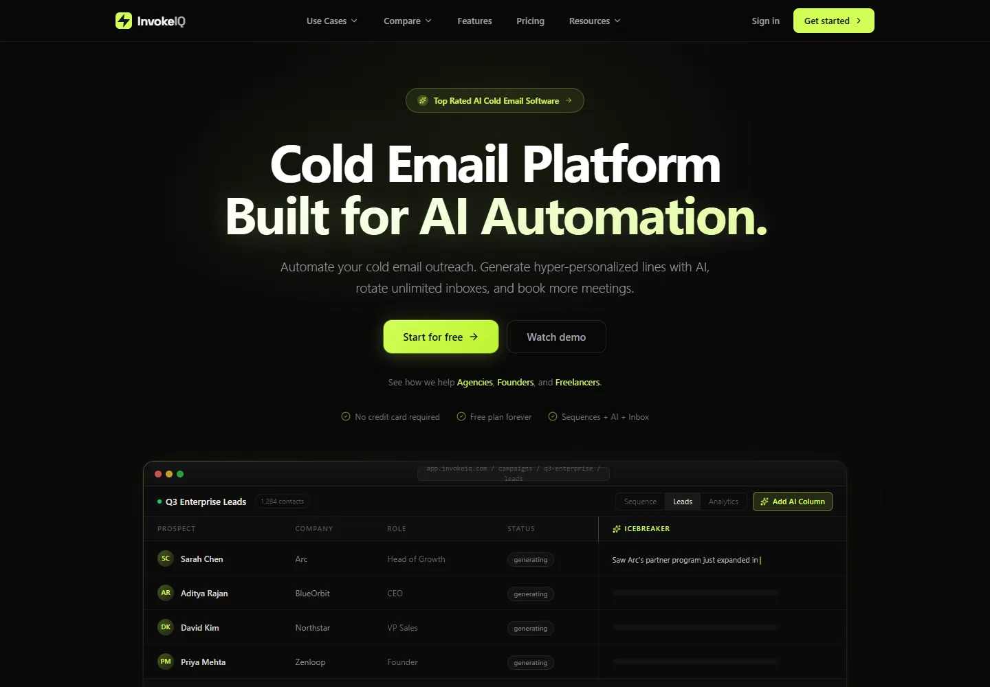 InvokeIQ homepage: Cold Email Platform Built for AI Automation, with a Start for free button and a lead table generating AI icebreakers